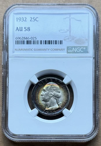 1932 25C NGC AU 58 1932 WASHINGTON QUARTER SILVER 25c LOVELY RAINBOW TONING