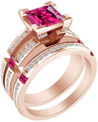 Princess & Round Simulated Ruby &Simulated Diamond Ring Set 14k Rose Gold Plated