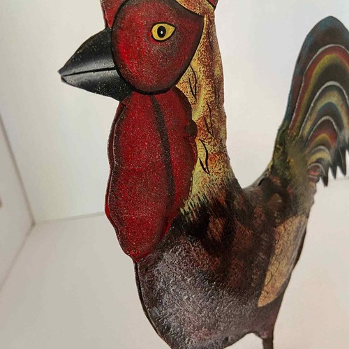 Rooster Metal Decor Puffed Pedestal Painted Red Brown 12" Barn Yard - Picture 5 of 9