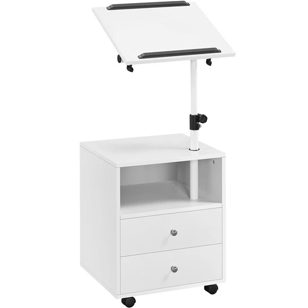Height Adjustable Bedside Table Nightstand with Swivel Top Wheels White