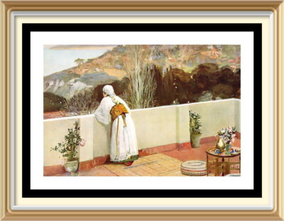 100+ Jahre alte Original Lithographie JOHN LAVERY antiker Druck ABEND TANGER MAROKKO