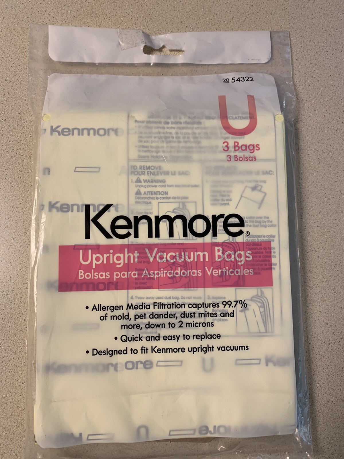 Kenmore Upright Vacuum BagsAllergen FiltrationStyle U3 Bags20 54322