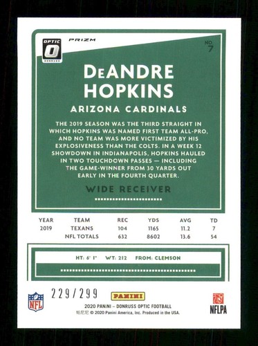 2020 Donruss Optic Aqua #7 DeAndre Hopkins /299 - Picture 2 of 2