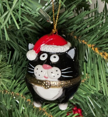 Fat Black Cat Porcelain Hinged Surprise Gift Trinket Box Christmas Ornament