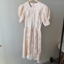 VTG 80s Gunne Sax Jessica McClintock Lace Dress Pastel Pink Puff Sleeve JR sz 9
