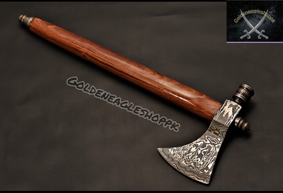 Handmade Damascus Steel Tomahawk  Axe with Rose wood Handle with Leather Sheath.