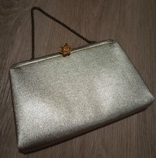 Vtg 60s AFTER FIVE Shiny Gold Metallic Clutch Purse Bag Chain Handle Strap