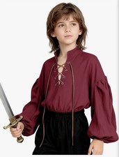 Medieval Shirt for Boy Girl Renaissance Kids Pirate Costume Top 10-12 Years Red