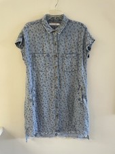 Billy T Dress Womens M Blue Ditsy Shirt Button Up Denim Mini Short Sleeve Floral