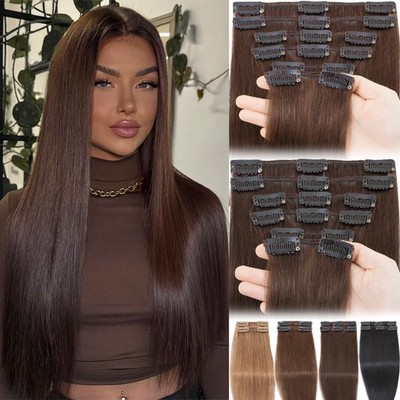 CLEARANCE Clip In Hair Extensions 100% Remy Human Hair Chocolate Brown Full Head
