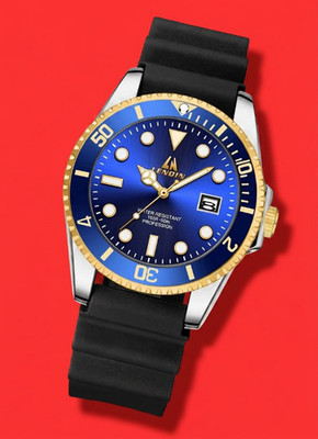Mens Waterproof Blue Dial Bezel Date Luminous Black Silicone Strap Gold Lenoin