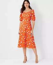 Ann Taylor Floral Midi Dress Puff Sleeve Smocked Back Lined Size 10