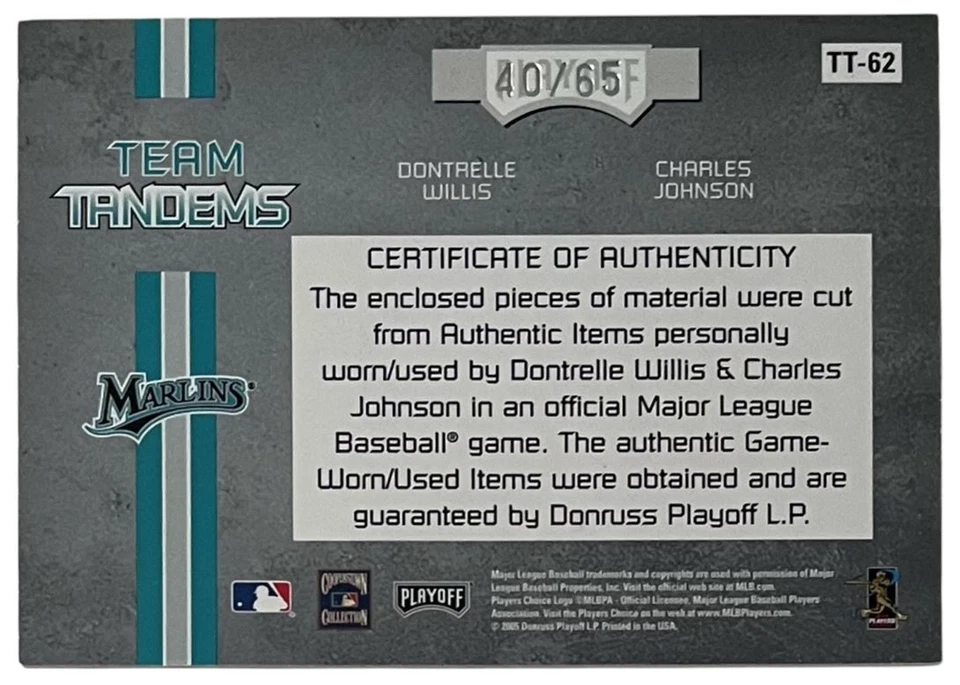 2005 Playoff Absolute Mem Team Tandems Swatch #TT-62 Willis / Johnson /65 - Image 2 of 2