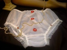 SISSY CREAM VTG NYLON PANTIES SCALLOPED LACE RED ROSE MOTIFS
