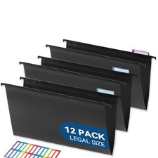 Legal Size Hanging File Folders, 12 Pack Black, with 1/5-Cut Tabs