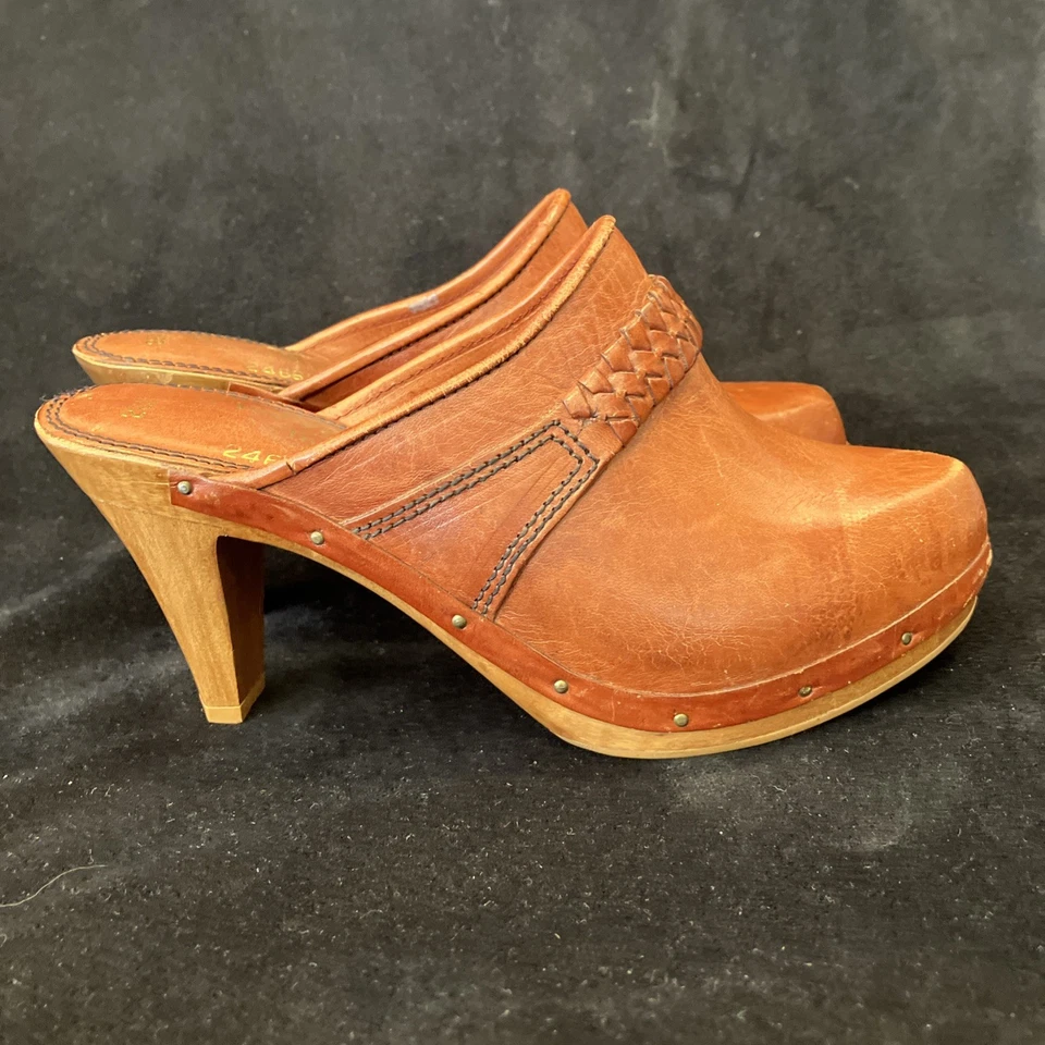 "Zuecos vintage para mujer talla 4,5 cuero terracota madera 3"" tacones bohemios años 70" Foto 4 de 4