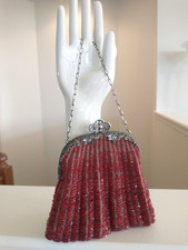 Antique Art Deco Silver Floral Filigree Frame Knit RED Beaded Purse