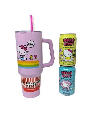 Hello Kitty Pink Rainbow 40oz Steel Tumbler + Tropical and Passion Fruit Sodas