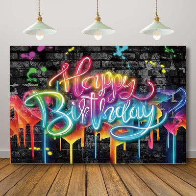 Neon Happy Birthday Backdrop Let S Glow in the Dark Brick Wall Background Graffi