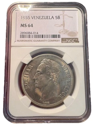RARE HIGH-GRADE MS 64 NGC 1935 VENEZUELA 5 BOLIVARES SILVER SIMON BOLIVAR COIN