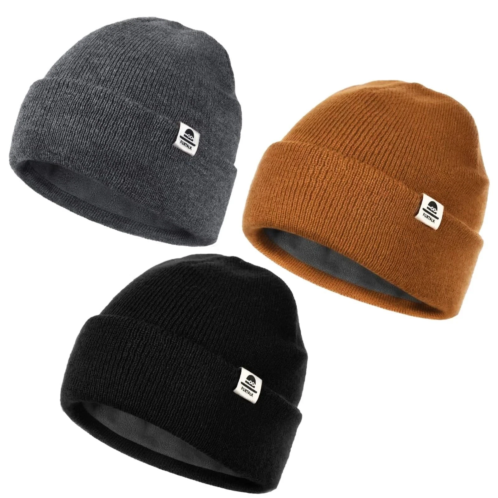 FURTALK Baby Beanie Fleece Lined 6-96 Months, 3pcs Grey+Black+Caramel