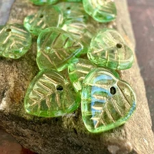 Peridot Gold Etched Heart Leaf Czech Glass Beads 20 Pcs