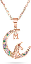Stocking Stuffers for Teen Girls Kids - Colorful CZ Moon Pendant Initial Unicorn