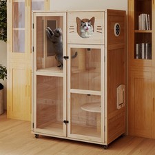 Large Wooden indoor Cat Enclosure House with Clear Door and 3 Jumping Platforms
