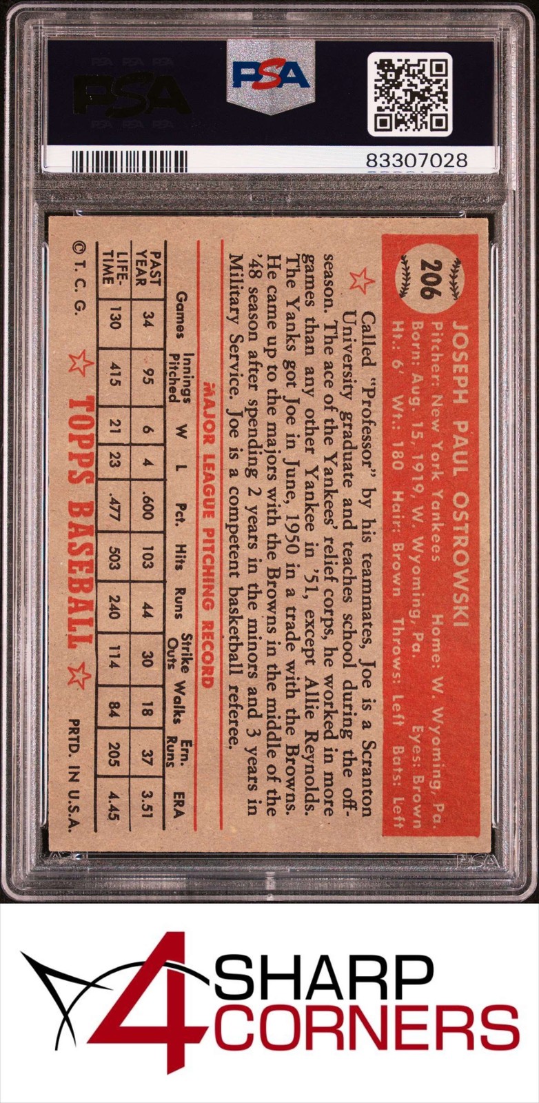 1952 TOPPS #206 JOE OSTROWSKI RC YANKEES PSA 6 view 2