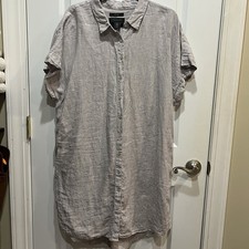 Tahari 100% Linen Shirt Dress Women’s 1X Taupe Button Front Short Sleeve