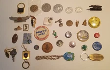 Vintage Junk Drawer Collectibles Lot: Tokens, Keychains, Pins, Bracelet and More