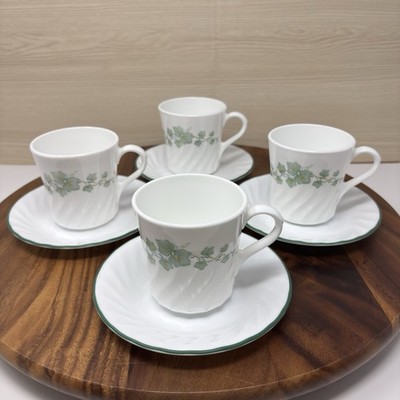 VTG Corning Corelle CALLAWAY IVY  Swirl Coffee Cups with saucers Set of 4 USA