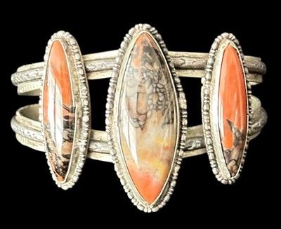 NAVAJO Petrified Wood and Sterling Silver Sand Cast Cuff Bracelet Old Harvey Era