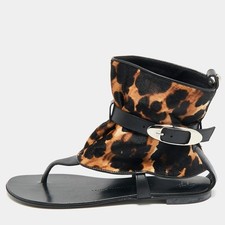 Giuseppe Zanotti BlackBrown Leather and Leopard Print Hair On Buckle Detail