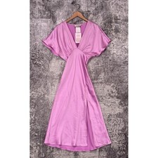 New BHLDN Leila Dress XS Womens Anthropologie Purple Stretch Satin Deep V Midi