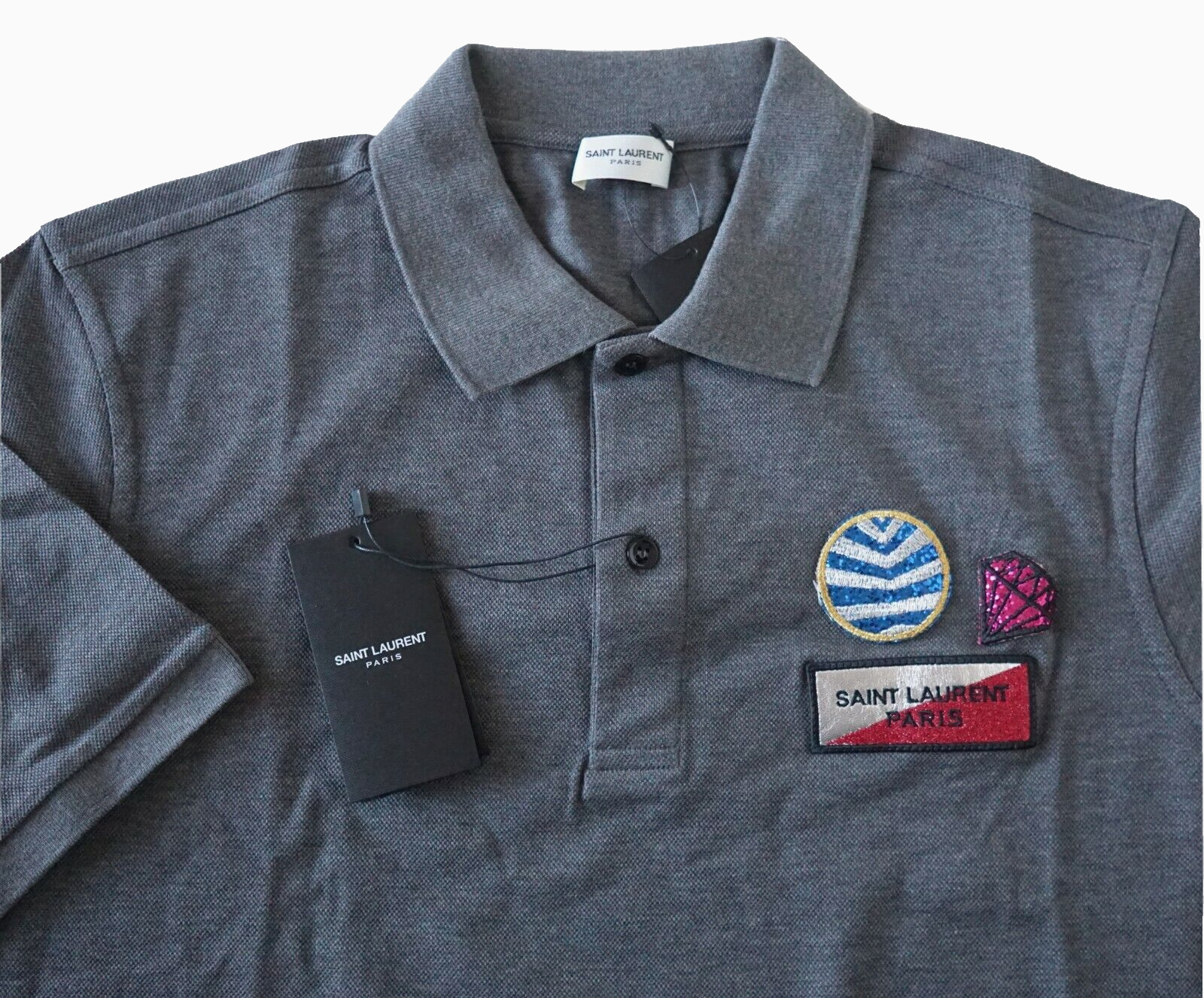 ?️Polo SAINT LAURENT Paris PATCH RICAMATA grigio cotone L