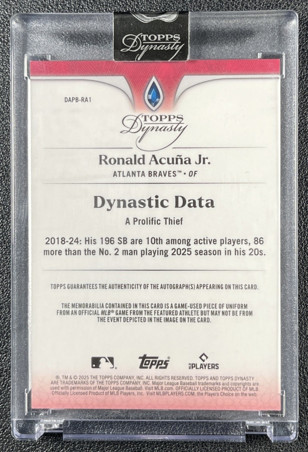 RONALD ACUNA JR. 2025 TOPPS DYNASTY #DAPB-RA1 GAME-USED PATCH AUTO 05/10 BRAVES view 2
