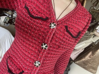 self portrait red melange knit dress SELF PORTRAIT AW2020 Designer Red Melange Knit Long Sleeve Wool Mini Dress  M