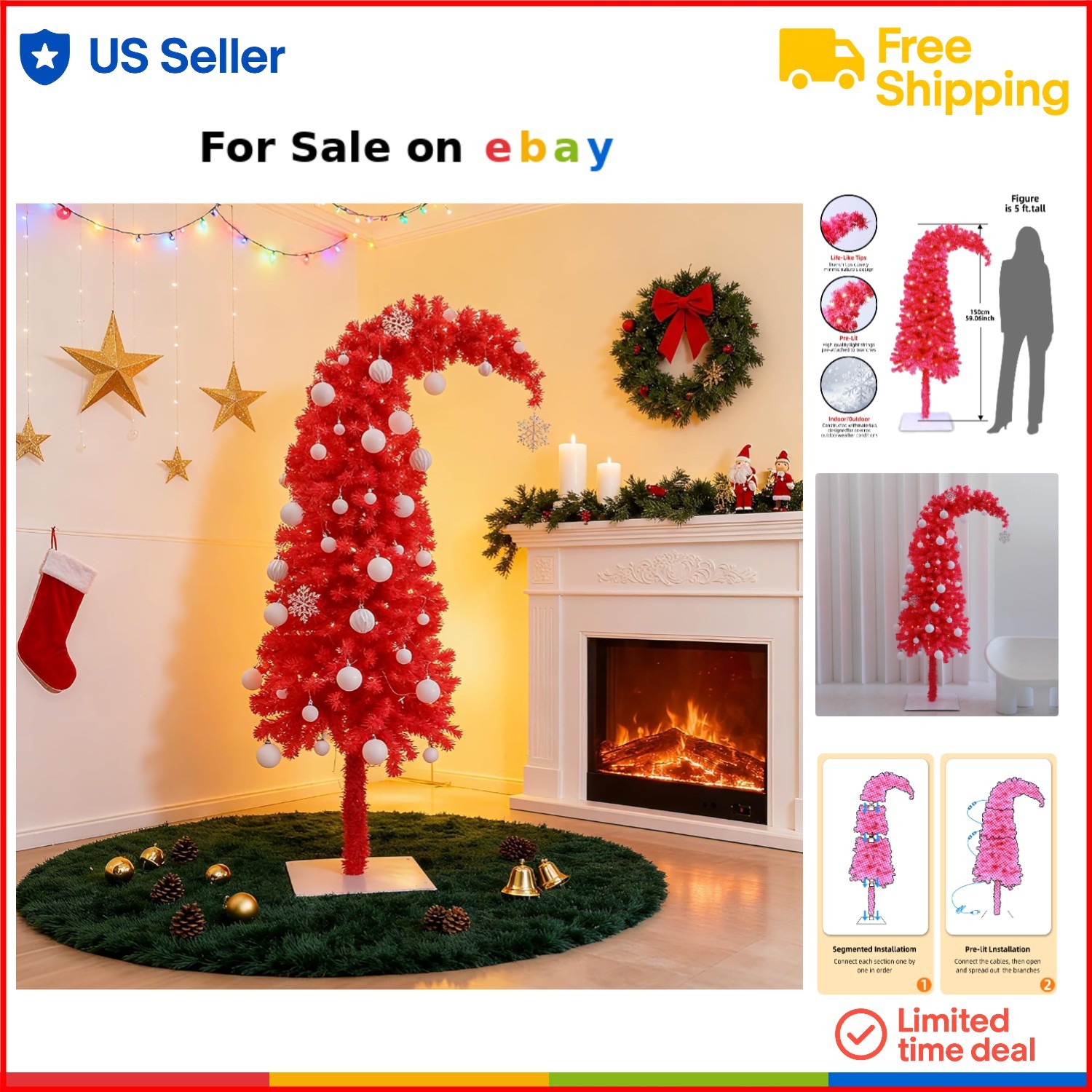 Pink Tinsel Christmas Tree 5ft Prelit Dual-Color LED Lights Indoor Decor