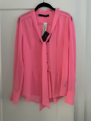 Patterson J. Kincaid Sheer Hot Pink Tie Neck Blouse Top Size Small