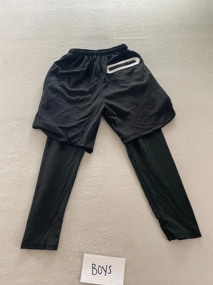 2合1压缩打底裤和短裤男孩中号黑色抽绳拉链口袋 — 第 2/4 张图片