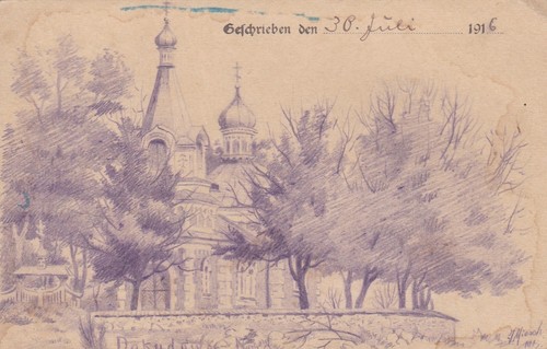 4 gezeichnete Feldpostkarten 1916 Russland Ansichtskarten J. Miesch