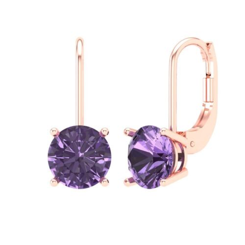 3 Round Solitaire Drop Dangle Simulated Alexandrite Earrings 14k Rose Pink Gold - Picture 1 of 11
