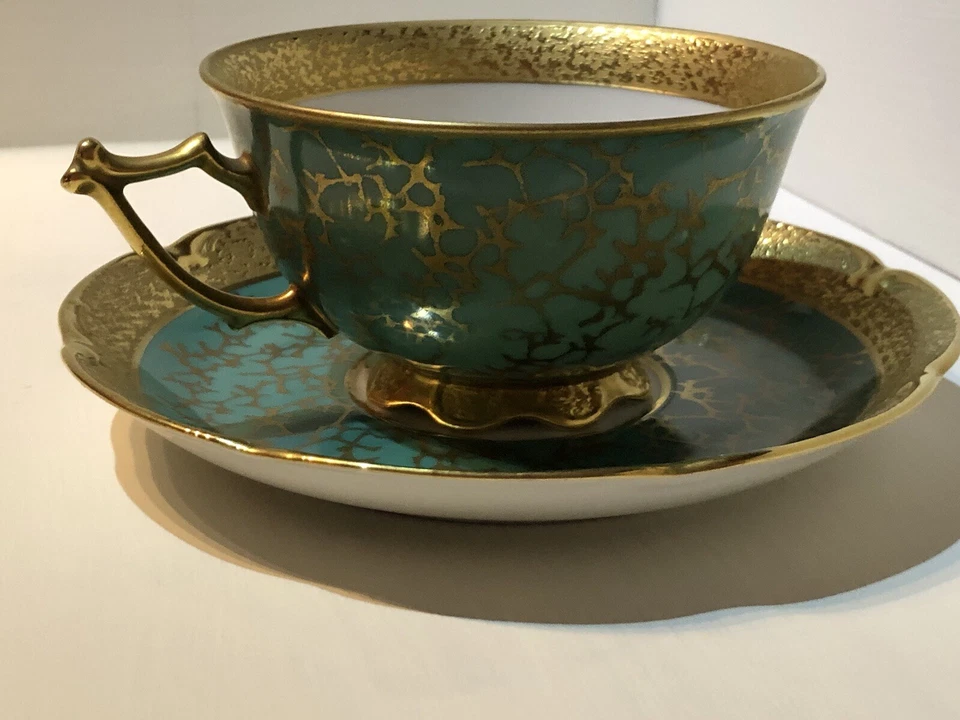 Taza y platillo vintage Jimenau turquesa y dorado numerado y firmado Foto 3 de 4