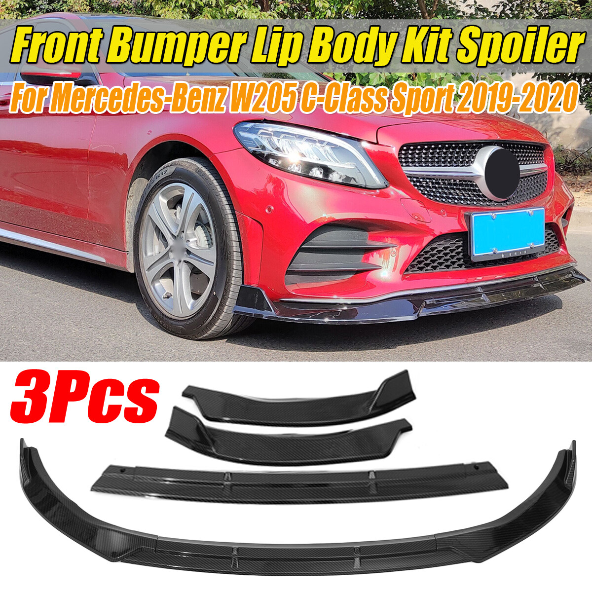 DTM Carbon Look Front Bumper Lip Kit – 3PCS For 2019-2021 Mercedes W205 C-Class Sport