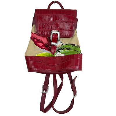 VTG Brighton Backpack Monica Red Embossed Leather Fabric Tropical Leaf Design