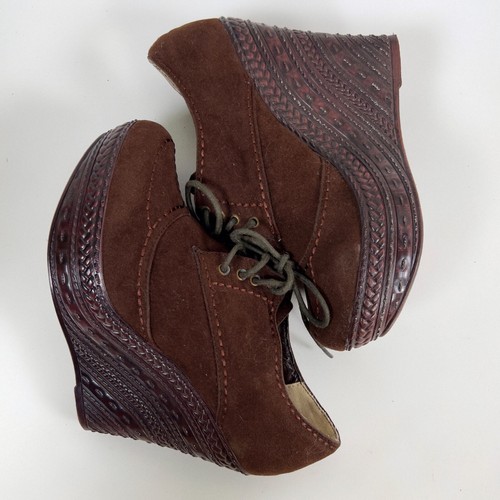 Women's Vintage Y2K Brown Fairy Grunge Boho Platform Lace Up Wedge Bootie / 7 - Picture 8 of 9