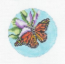 Monarch Butterfly on Flower 3" Rd. handpaint Needlepoint Canvas Needle Crossings