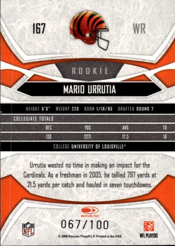 2008 Donruss Gridiron Gear Mario Urrutia #167 Gold Holofoil O's Cincinnati 3U - Picture 2 of 2