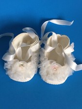 VTG LULLABY White SATIN Baby BALLERINA Shoes CHIFFON Ruffles Long TIES Newborn